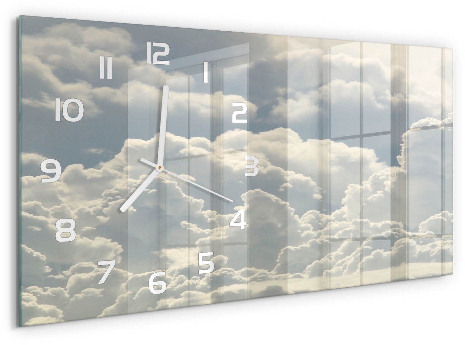 TULUP Wandklok - Wolken Gekleurde Glazen Klok - 60x30 cm - Wit Glazen Klok Met Print - Witte handen - Rechthoekige Klok - Moderne Wandklok Glas - Wandklok Glas Decoratie