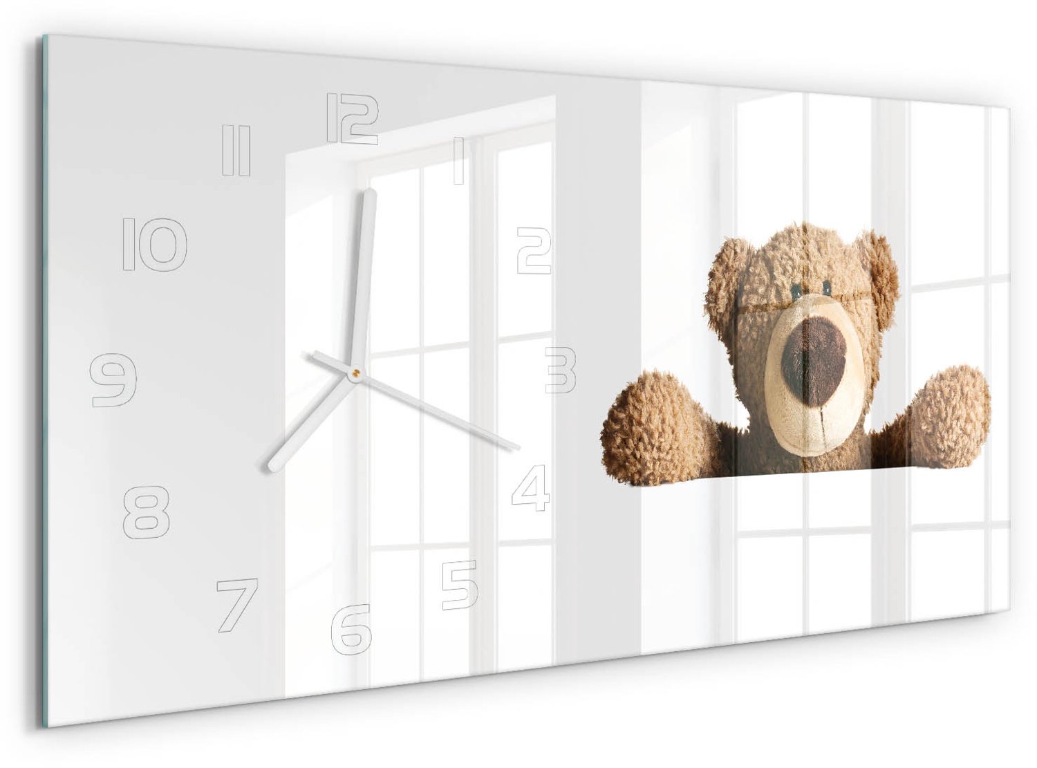 TULUP Wandklok - Beer Gekleurde Glazen Klok - 60x30 cm - Bruin Glazen Klok Met Print - Witte handen - Rechthoekige Klok - Moderne Wandklok Glas - Wandklok Glas Decoratie