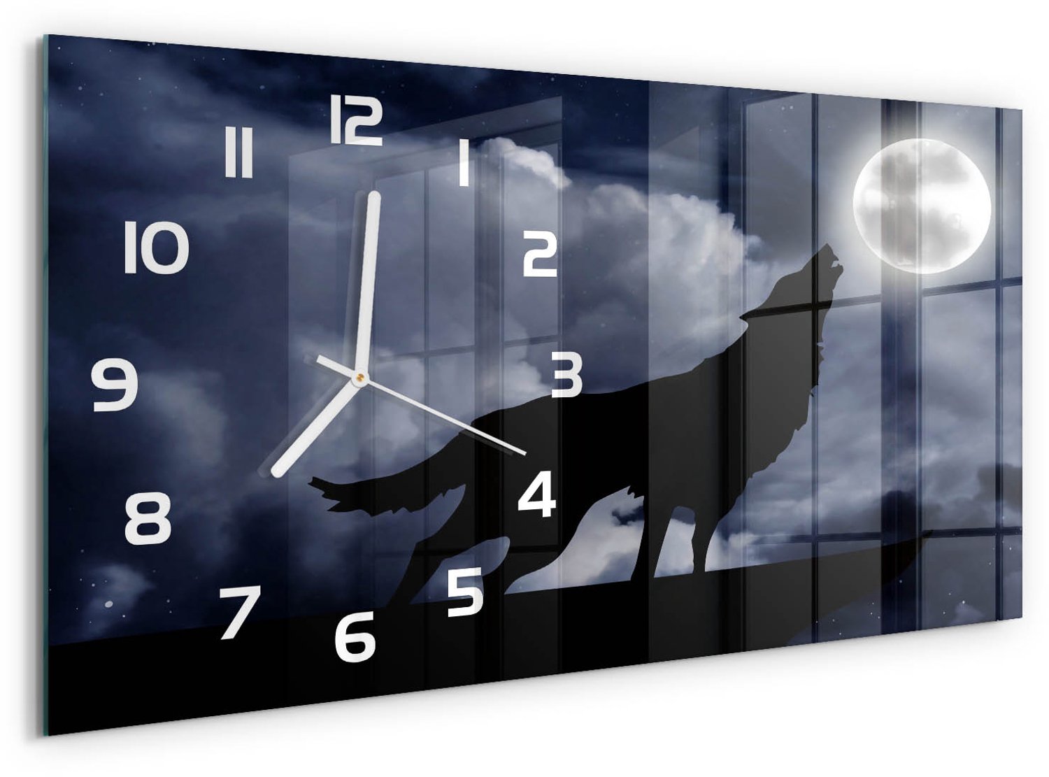 TULUP Wandklok - Huilende Wolf Volle Maan Wandklok Glas Met Motief - 60x30 cm - Zwart Decoratieve Glazen Klok - Witte handen - Rechthoekige Klok - Gekleurde Glazen Klok - Glazen Klok Met Print