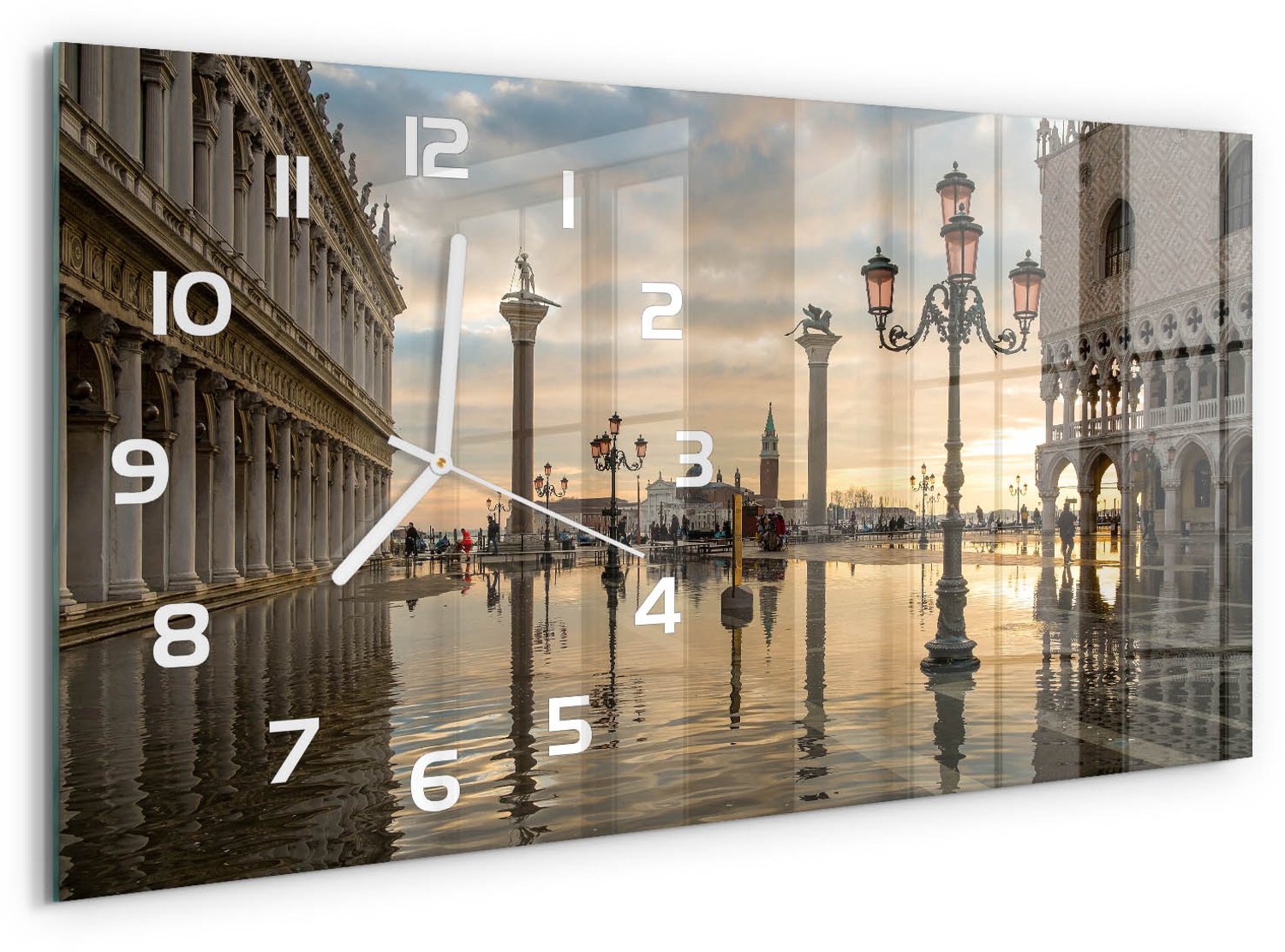 TULUP Wandklok - Venetië, Italië Wandklok Glas Met Motief - 60x30 cm - Beige Decoratieve Glazen Klok - Witte handen - Rechthoekige Klok - Gekleurde Glazen Klok - Glazen Klok Met Print