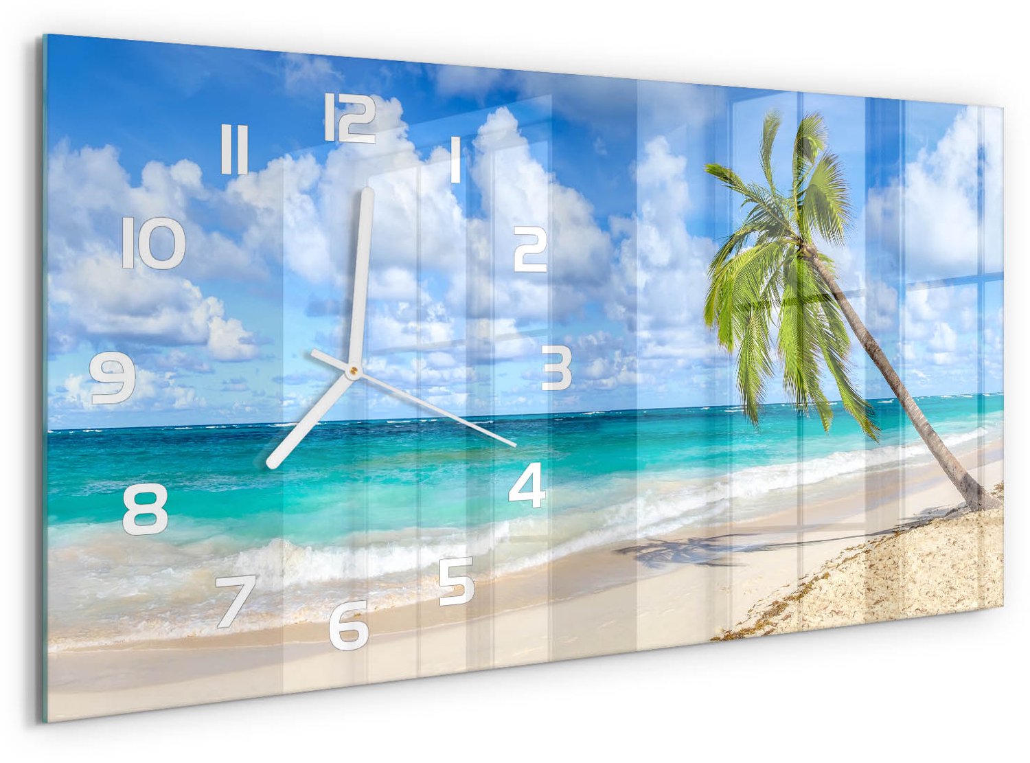 TULUP Wandklok - Tropisch strand Wandklok Glas Decoratie - 60x30 cm - Groente Gekleurde Glazen Klok - Witte handen - Rechthoekige Klok - Klok Glas Met Opdruk - Moderne Wandklok Glas