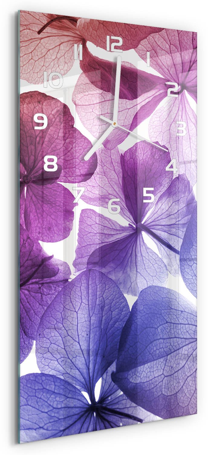 Tulup Wandklok - Paarse bloemen Moderne Wandklok Glas - 30x60 cm - Paars Wandklok Glas Decoratie - Witte handen - Rechthoekige Klok - Glazen Wandklok Design - Klok Glas Met Opdruk