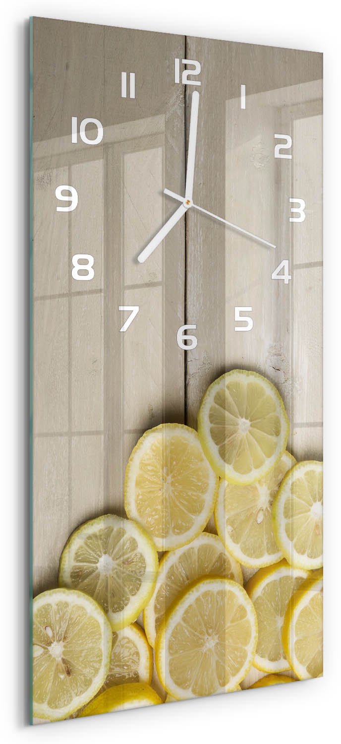Tulup Wandklok - Citroenhout Glazen Wandklok Design - 30x60 cm - Geel Klok Glas Met Opdruk - Witte handen - Rechthoekige Klok - Wandklok Glas Met Motief - Decoratieve Glazen Klok