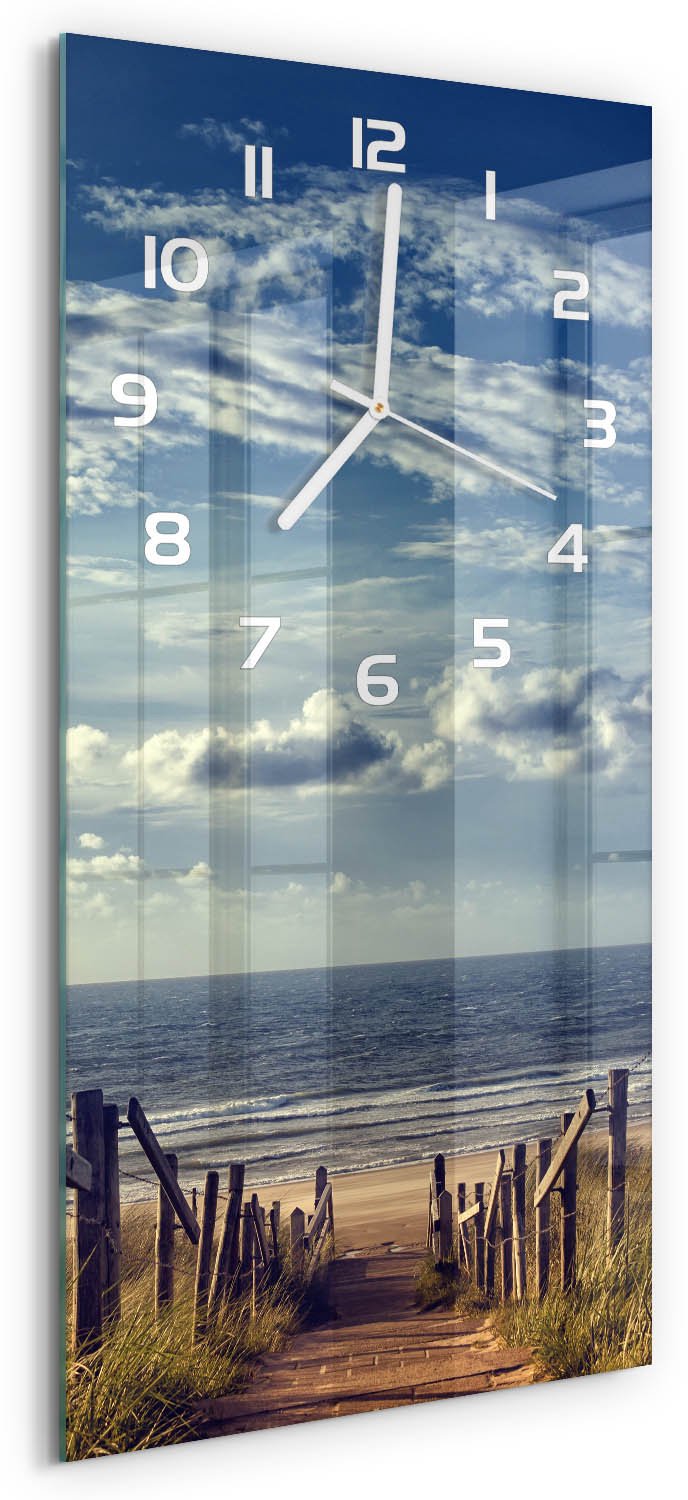 Tulup Wandklok - De weg naar het strand Glazen Wandklok Design - 30x60 cm - Blauw Klok Glas Met Opdruk - Witte handen - Rechthoekige Klok - Wandklok Glas Met Motief - Decoratieve Glazen Klok