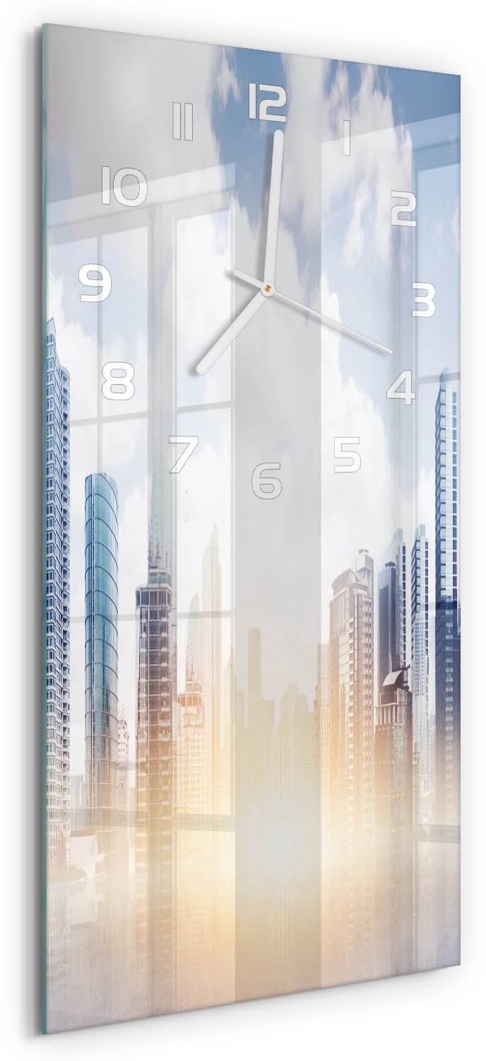 Tulup Wandklok - Wolkenkrabber Decoratieve Glazen Klok - 30x60 cm - Blauw Glazen Wandklok Design - Witte handen - Rechthoekige Klok - Glazen Klok Met Print - Wandklok Glas Met Motief