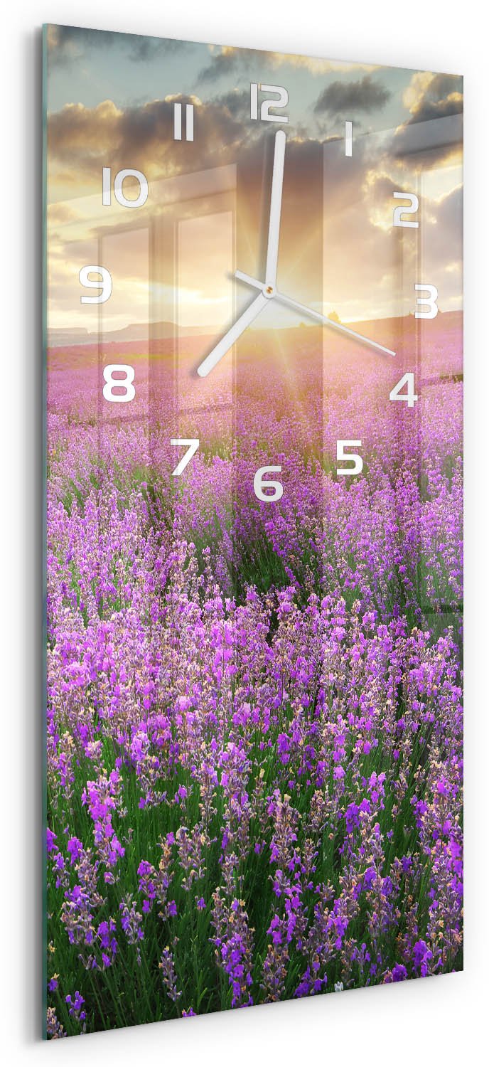 Tulup Wandklok - Lavendelveld Glazen Wandklok Design - 30x60 cm - Paars Klok Glas Met Opdruk - Witte handen - Rechthoekige Klok - Wandklok Glas Met Motief - Decoratieve Glazen Klok