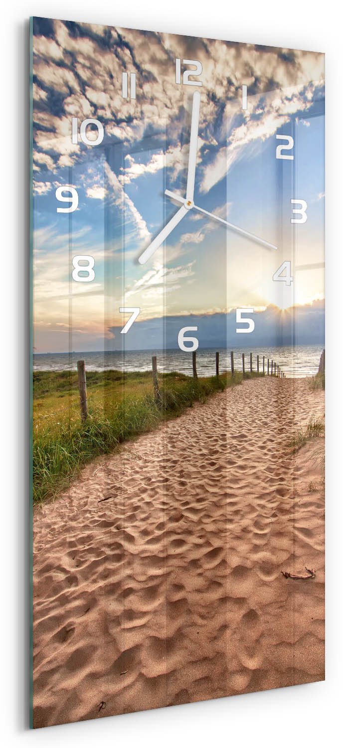 Tulup Wandklok - De weg naar het strand Glazen Wandklok Design - 30x60 cm - Veelkleurig Klok Glas Met Opdruk - Witte handen - Rechthoekige Klok - Wandklok Glas Met Motief - Decoratieve Glazen Klok