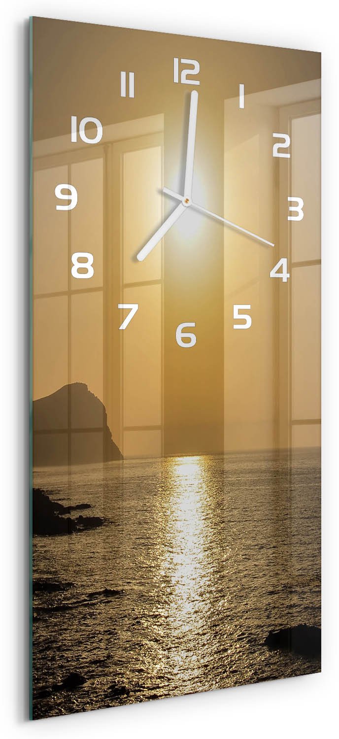 Tulup Wandklok - Zonsondergang Zee Moderne Wandklok Glas - 30x60 cm - Geel Wandklok Glas Decoratie - Witte handen - Rechthoekige Klok - Glazen Wandklok Design - Klok Glas Met Opdruk