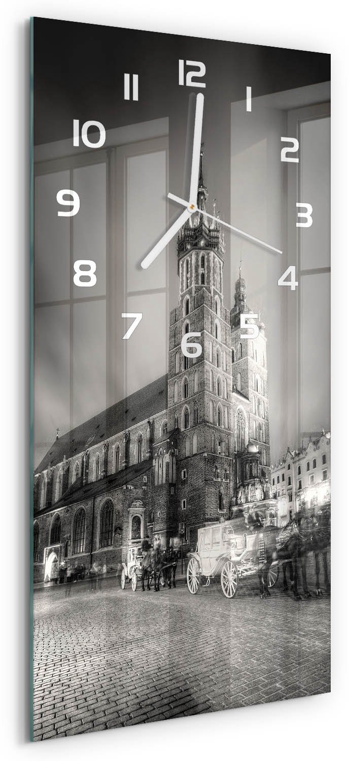 Tulup Wandklok - Krakau, Polen Decoratieve Glazen Klok - 30x60 cm - Zwart-wit Glazen Wandklok Design - Witte handen - Rechthoekige Klok - Glazen Klok Met Print - Wandklok Glas Met Motief