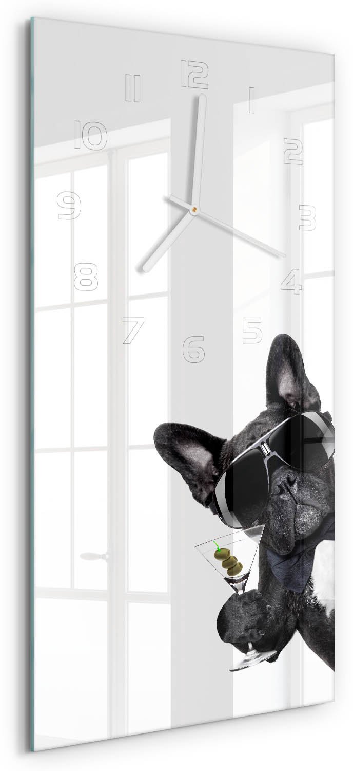 Tulup Wandklok - Martini Dog Gekleurde Glazen Klok - 30x60 cm - Zwart Glazen Klok Met Print - Witte handen - Rechthoekige Klok - Moderne Wandklok Glas - Wandklok Glas Decoratie