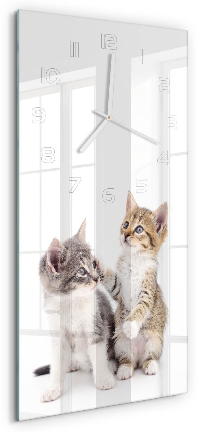 Tulup Wandklok - Twee kleine katjes Wandklok Glas Met Motief - 30x60 cm - Beige Decoratieve Glazen Klok - Witte handen - Rechthoekige Klok - Gekleurde Glazen Klok - Glazen Klok Met Print