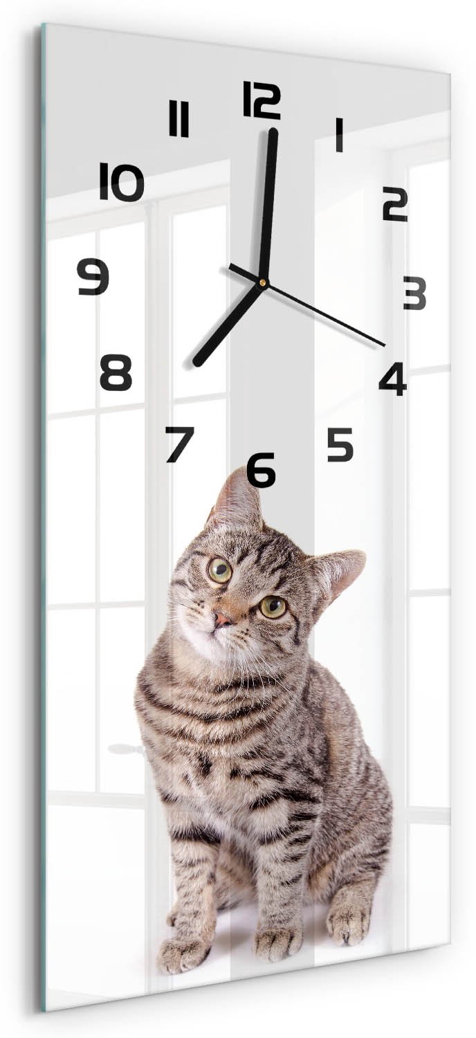 Tulup Wandklok - Kat Wandklok Glas Met Motief - 30x60 cm - Bruin Decoratieve Glazen Klok - Zwarte handen - Rechthoekige Klok - Gekleurde Glazen Klok - Glazen Klok Met Print