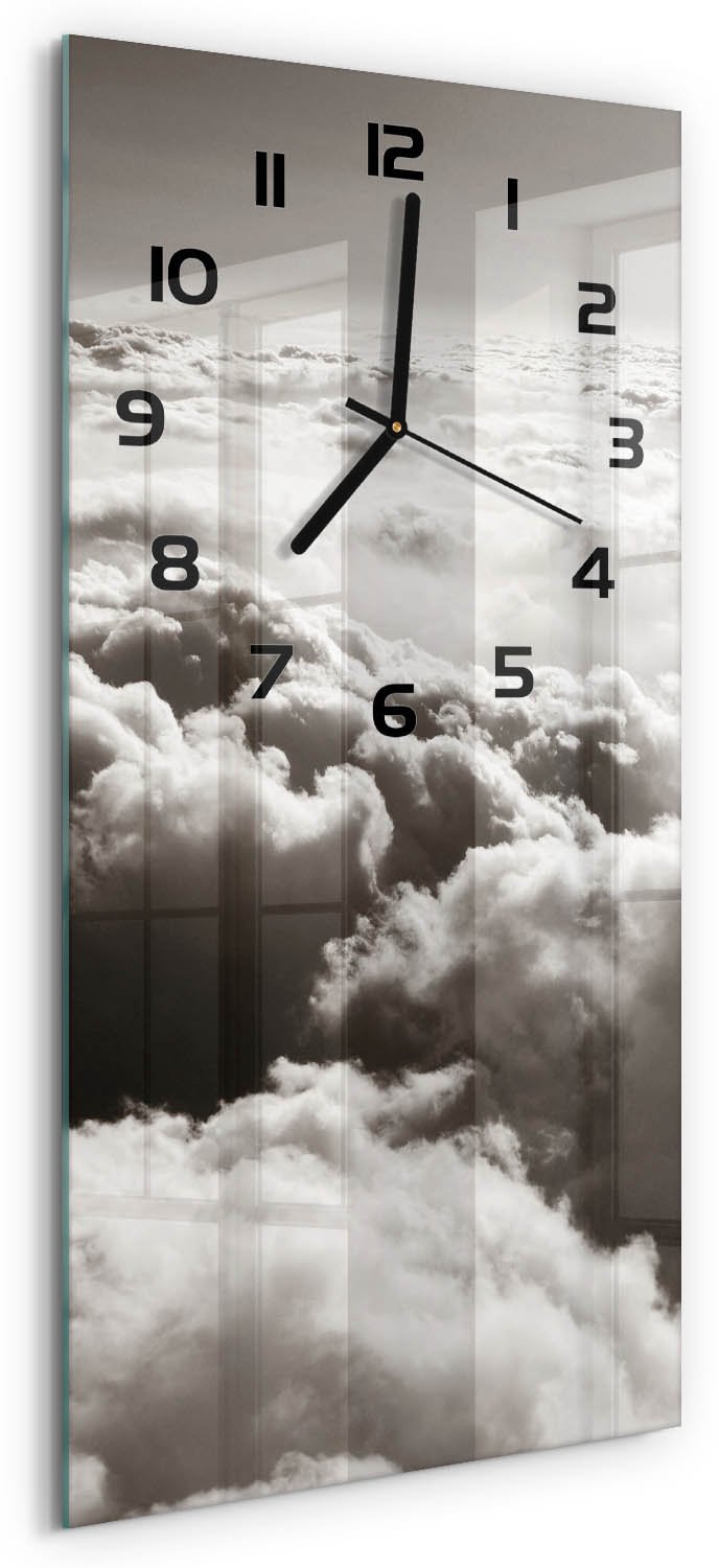 Tulup Wandklok - Wolken gezien vanuit vogelperspectief Klok Glas Met Opdruk - 30x60 cm - Zwart-wit Moderne Wandklok Glas - Zwarte handen - Rechthoekige Klok - Decoratieve Glazen Klok - Glazen Wandklok Design