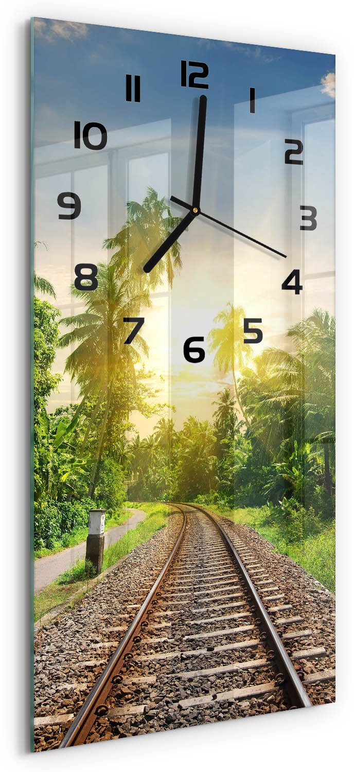 Tulup Wandklok - Spoorwegen Decoratieve Glazen Klok - 30x60 cm - Groente Glazen Wandklok Design - Zwarte handen - Rechthoekige Klok - Glazen Klok Met Print - Wandklok Glas Met Motief