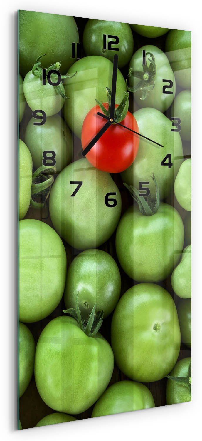 Tulup Wandklok - Rijpe tomaat Wandklok Glas Decoratie - 30x60 cm - Rood Gekleurde Glazen Klok - Zwarte handen - Rechthoekige Klok - Klok Glas Met Opdruk - Moderne Wandklok Glas