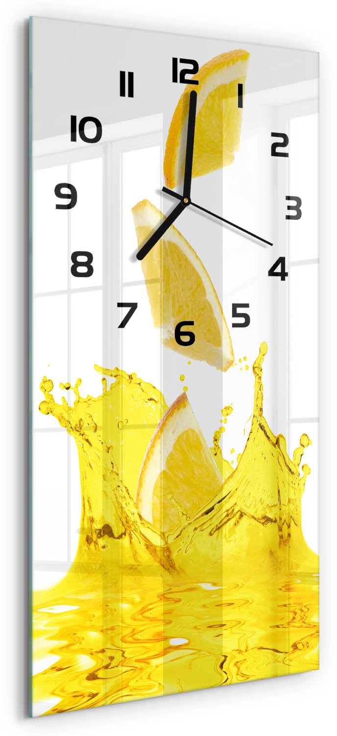 Tulup Wandklok - Citroensap Glazen Wandklok Design - 30x60 cm - Geel Klok Glas Met Opdruk - Zwarte handen - Rechthoekige Klok - Wandklok Glas Met Motief - Decoratieve Glazen Klok