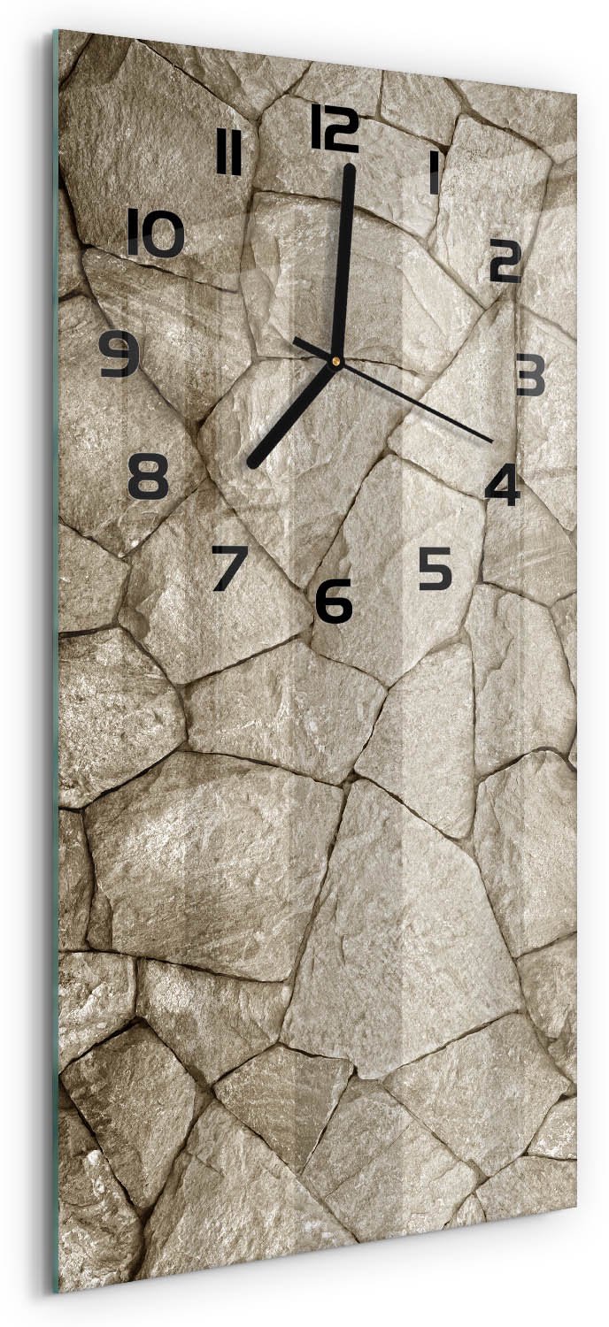 Tulup Wandklok - Stenen muur Glazen Klok Met Print - 30x60 cm - Beige Wandklok Glas Met Motief - Zwarte handen - Rechthoekige Klok - Wandklok Glas Decoratie - Gekleurde Glazen Klok