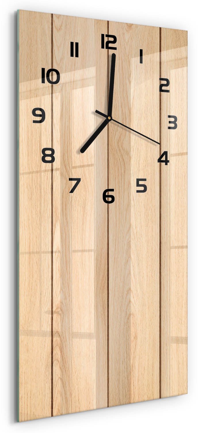 Tulup Wandklok - Houten achtergrond Decoratieve Glazen Klok - 30x60 cm - Beige Glazen Wandklok Design - Zwarte handen - Rechthoekige Klok - Glazen Klok Met Print - Wandklok Glas Met Motief