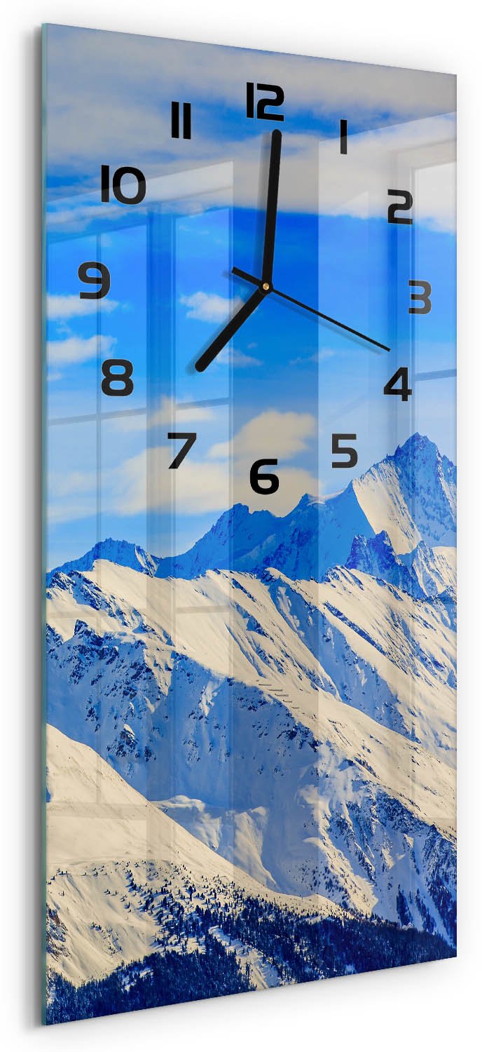 Tulup Wandklok - Bergen in de winter Glazen Klok Met Print - 30x60 cm - Blauw Wandklok Glas Met Motief - Zwarte handen - Rechthoekige Klok - Wandklok Glas Decoratie - Gekleurde Glazen Klok