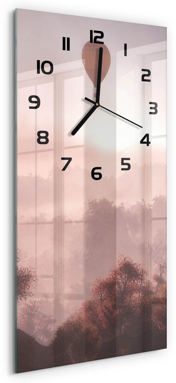 Tulup Wandklok - Ballonvaart boven het bos Moderne Wandklok Glas - 30x60 cm - Bruin Wandklok Glas Decoratie - Zwarte handen - Rechthoekige Klok - Glazen Wandklok Design - Klok Glas Met Opdruk