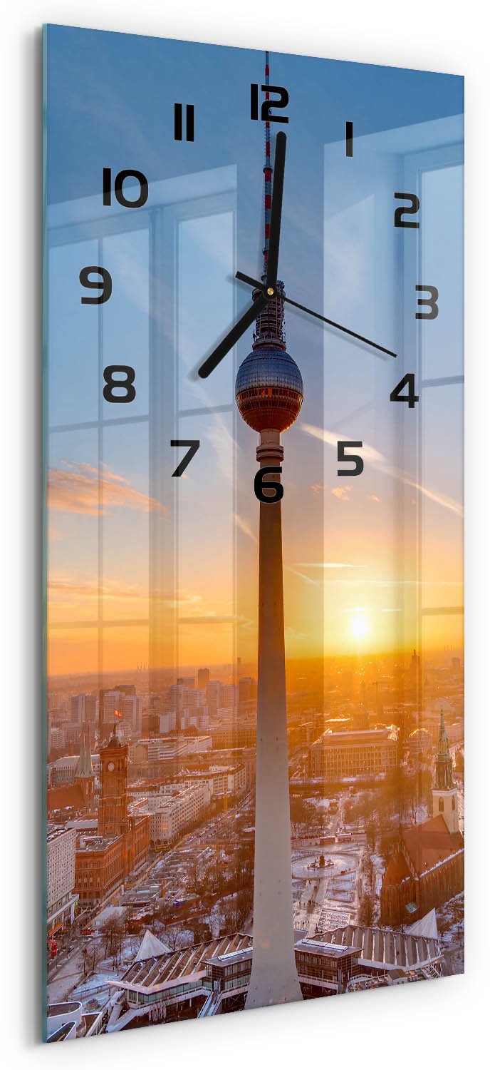 Tulup Wandklok - TV-toren Glazen Wandklok Design - 30x60 cm - Veelkleurig Klok Glas Met Opdruk - Zwarte handen - Rechthoekige Klok - Wandklok Glas Met Motief - Decoratieve Glazen Klok