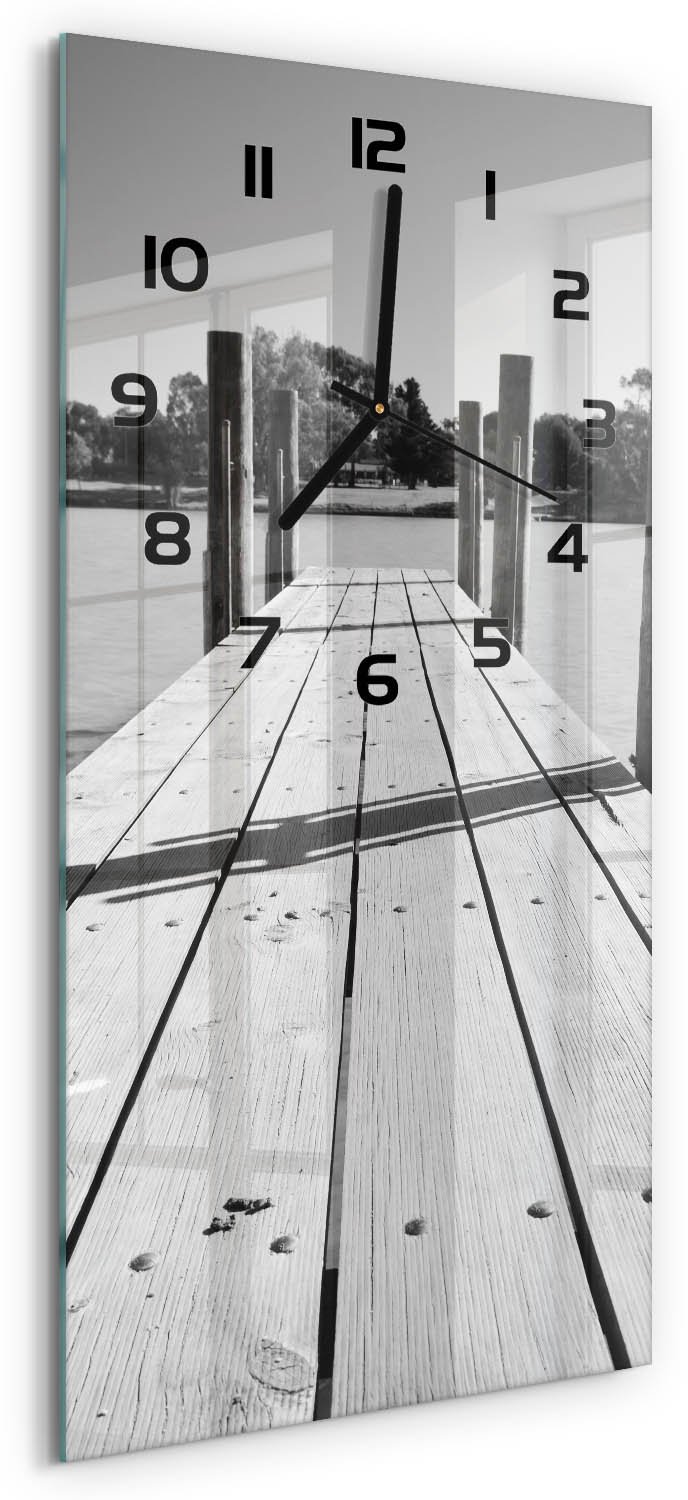 Tulup Wandklok - Houten brug Moderne Wandklok Glas - 30x60 cm - Zwart-wit Wandklok Glas Decoratie - Zwarte handen - Rechthoekige Klok - Glazen Wandklok Design - Klok Glas Met Opdruk