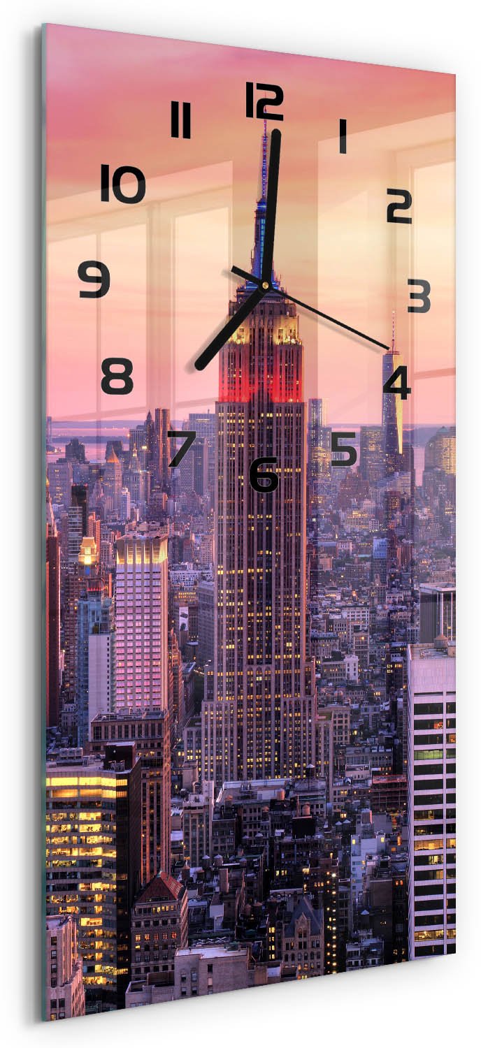 Tulup Wandklok - New York West Wandklok Glas Decoratie - 30x60 cm - Oranje Gekleurde Glazen Klok - Zwarte handen - Rechthoekige Klok - Klok Glas Met Opdruk - Moderne Wandklok Glas