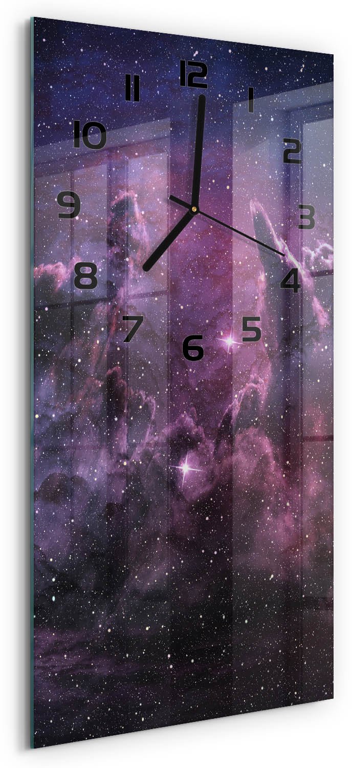 Tulup Wandklok - Mist Wandklok Glas Decoratie - 30x60 cm - Paars Gekleurde Glazen Klok - Zwarte handen - Rechthoekige Klok - Klok Glas Met Opdruk - Moderne Wandklok Glas