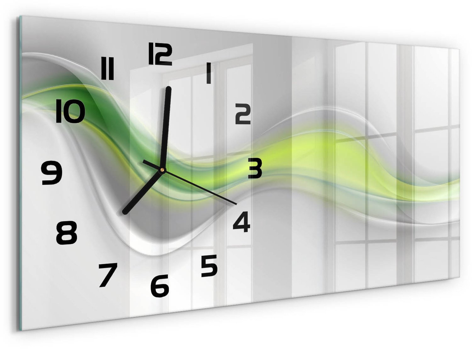 TULUP Wandklok - Golfabstractie Decoratieve Glazen Klok - 60x30 cm - Groente Glazen Wandklok Design - Zwarte handen - Rechthoekige Klok - Glazen Klok Met Print - Wandklok Glas Met Motief
