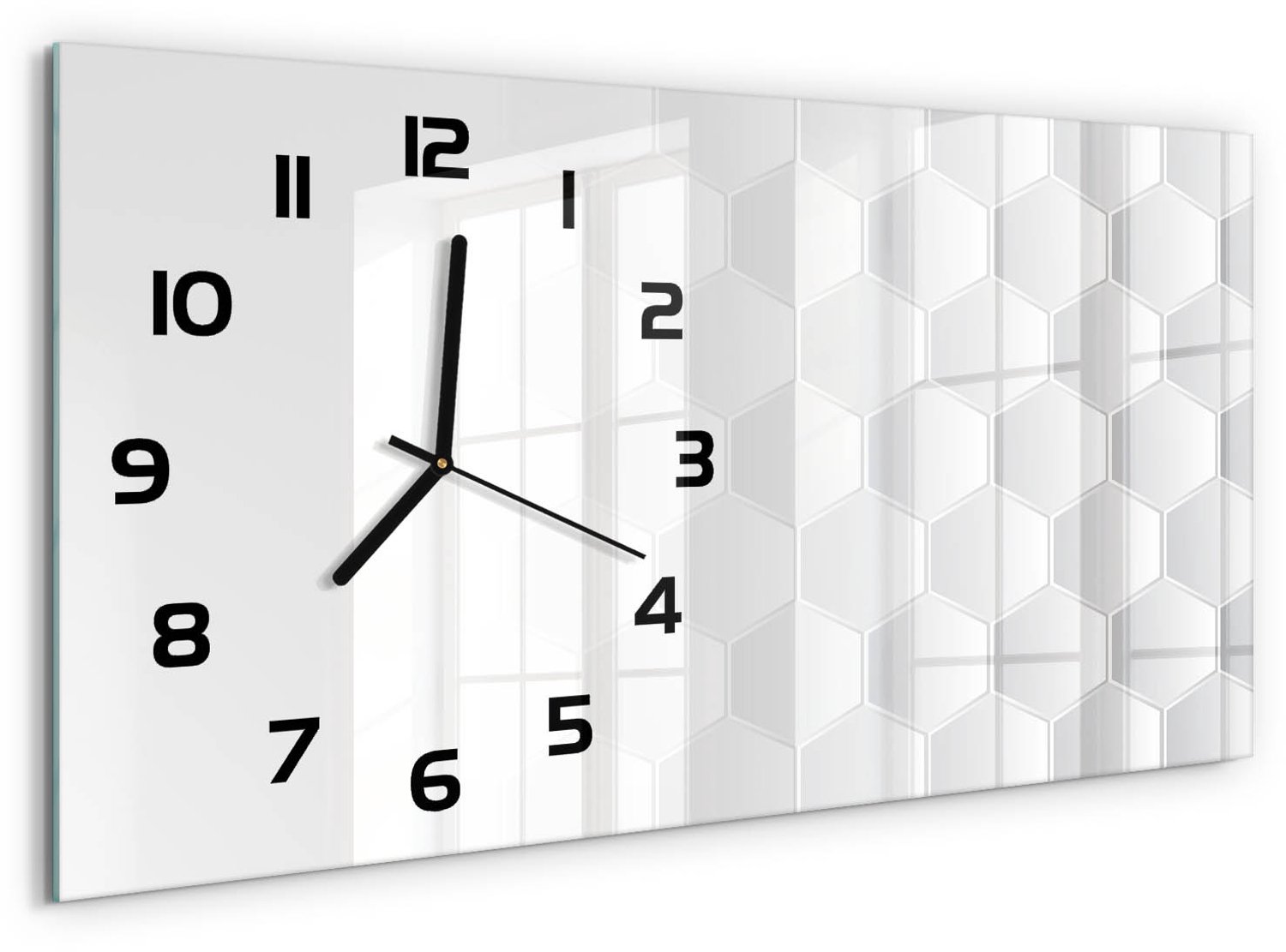 TULUP Wandklok - Zeshoekige achtergrond Moderne Wandklok Glas - 60x30 cm - Wit Wandklok Glas Decoratie - Zwarte handen - Rechthoekige Klok - Glazen Wandklok Design - Klok Glas Met Opdruk