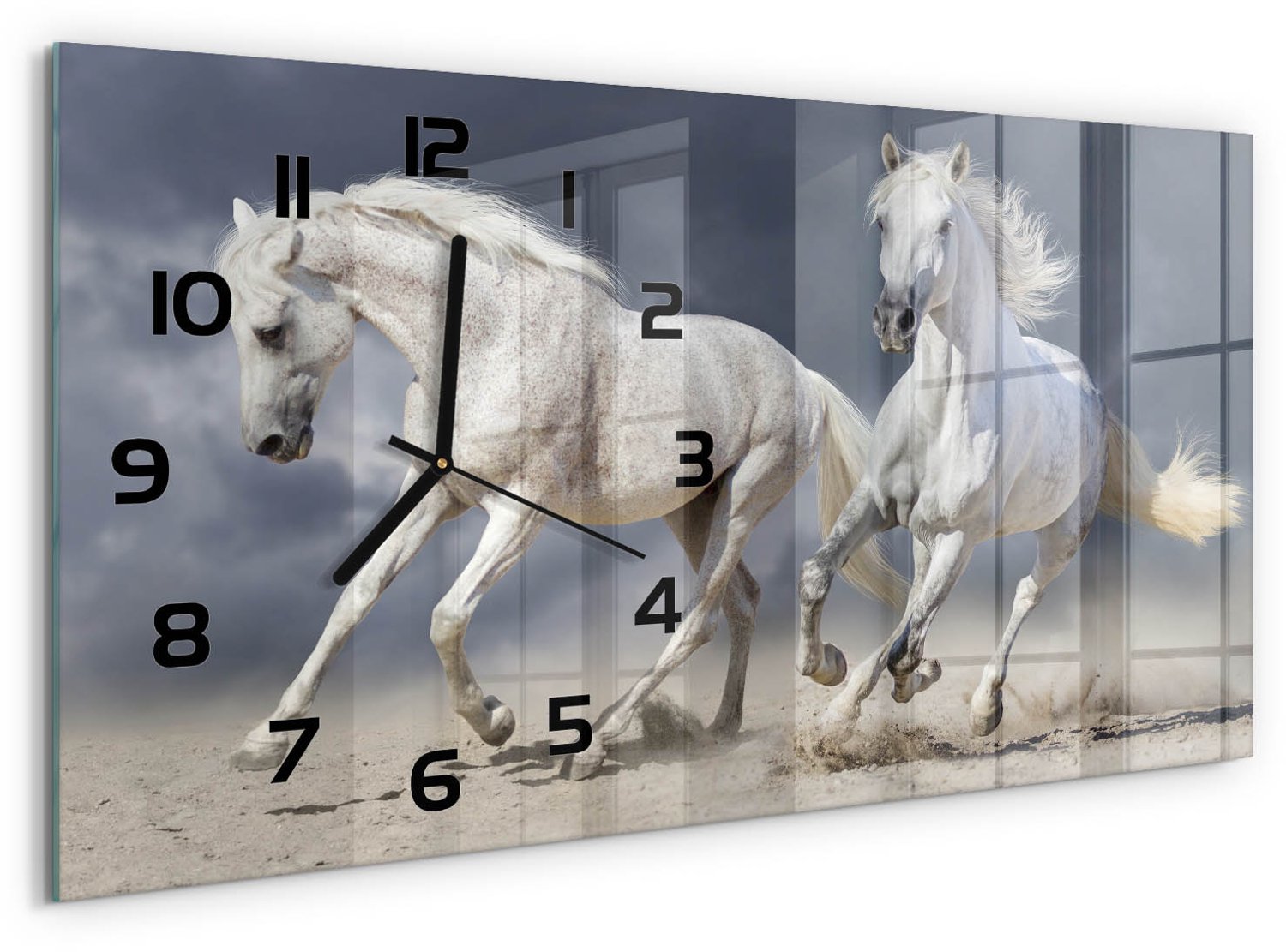 TULUP Wandklok - Witte Paardenstrand Moderne Wandklok Glas - 60x30 cm - Wit Wandklok Glas Decoratie - Zwarte handen - Rechthoekige Klok - Glazen Wandklok Design - Klok Glas Met Opdruk