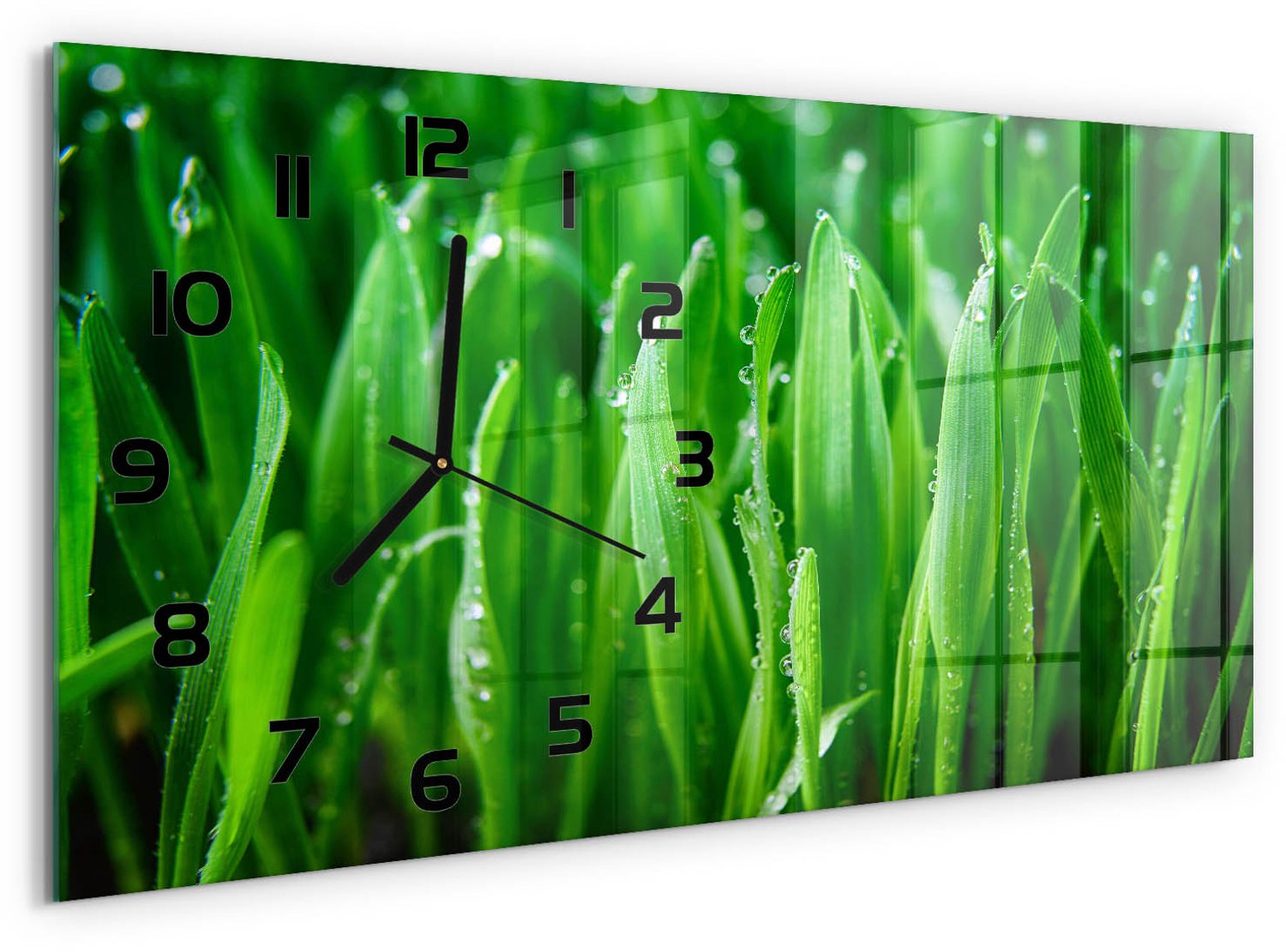 TULUP Wandklok - Gras Gekleurde Glazen Klok - 60x30 cm - Groente Glazen Klok Met Print - Zwarte handen - Rechthoekige Klok - Moderne Wandklok Glas - Wandklok Glas Decoratie