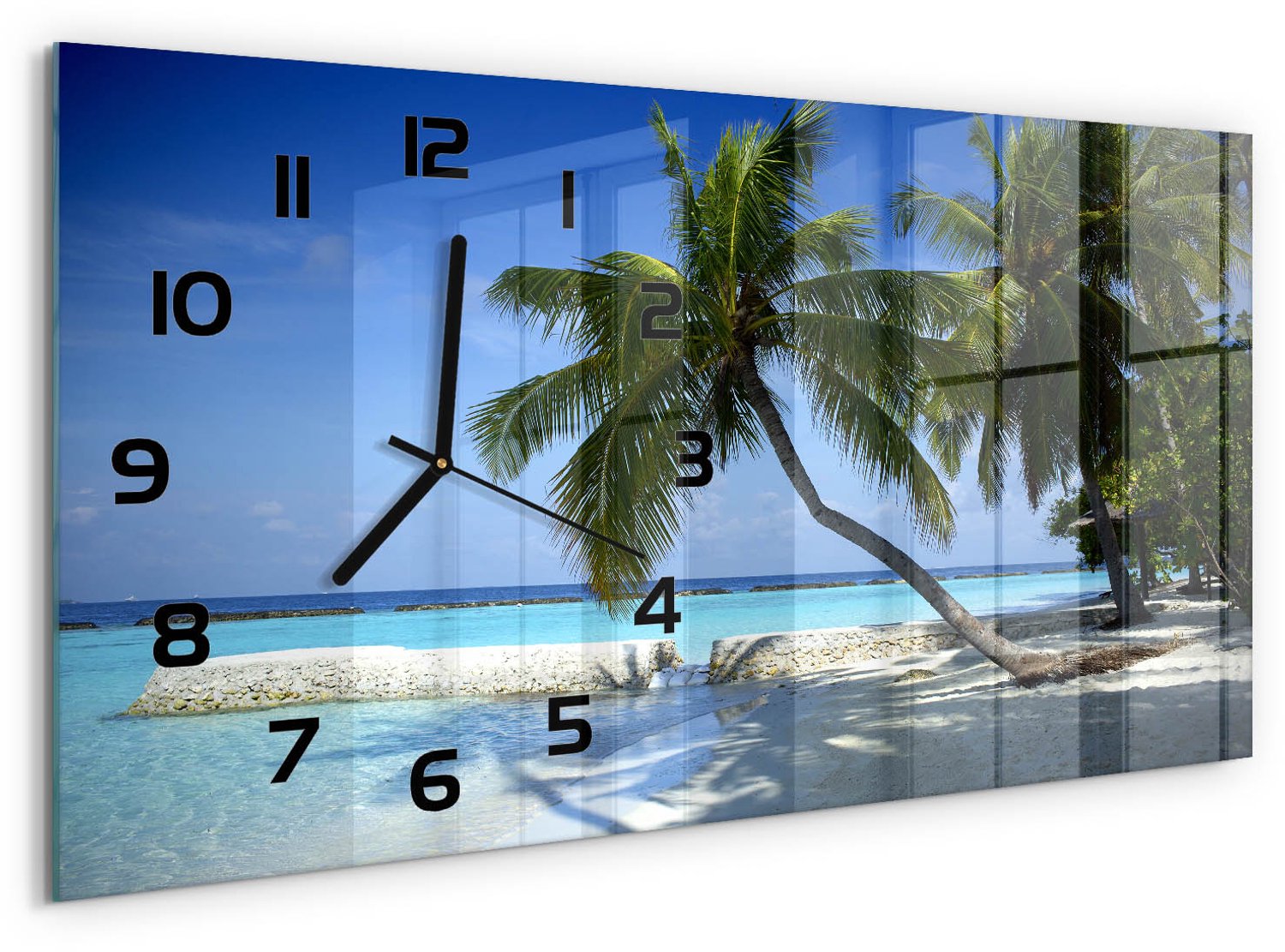 TULUP Wandklok - Tropisch strand Moderne Wandklok Glas - 60x30 cm - Blauw Wandklok Glas Decoratie - Zwarte handen - Rechthoekige Klok - Glazen Wandklok Design - Klok Glas Met Opdruk