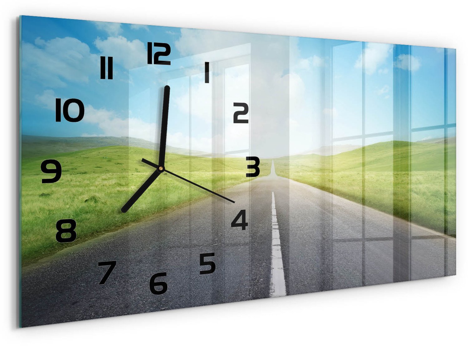 TULUP Wandklok - De weg door de weide Decoratieve Glazen Klok - 60x30 cm - Groente Glazen Wandklok Design - Zwarte handen - Rechthoekige Klok - Glazen Klok Met Print - Wandklok Glas Met Motief