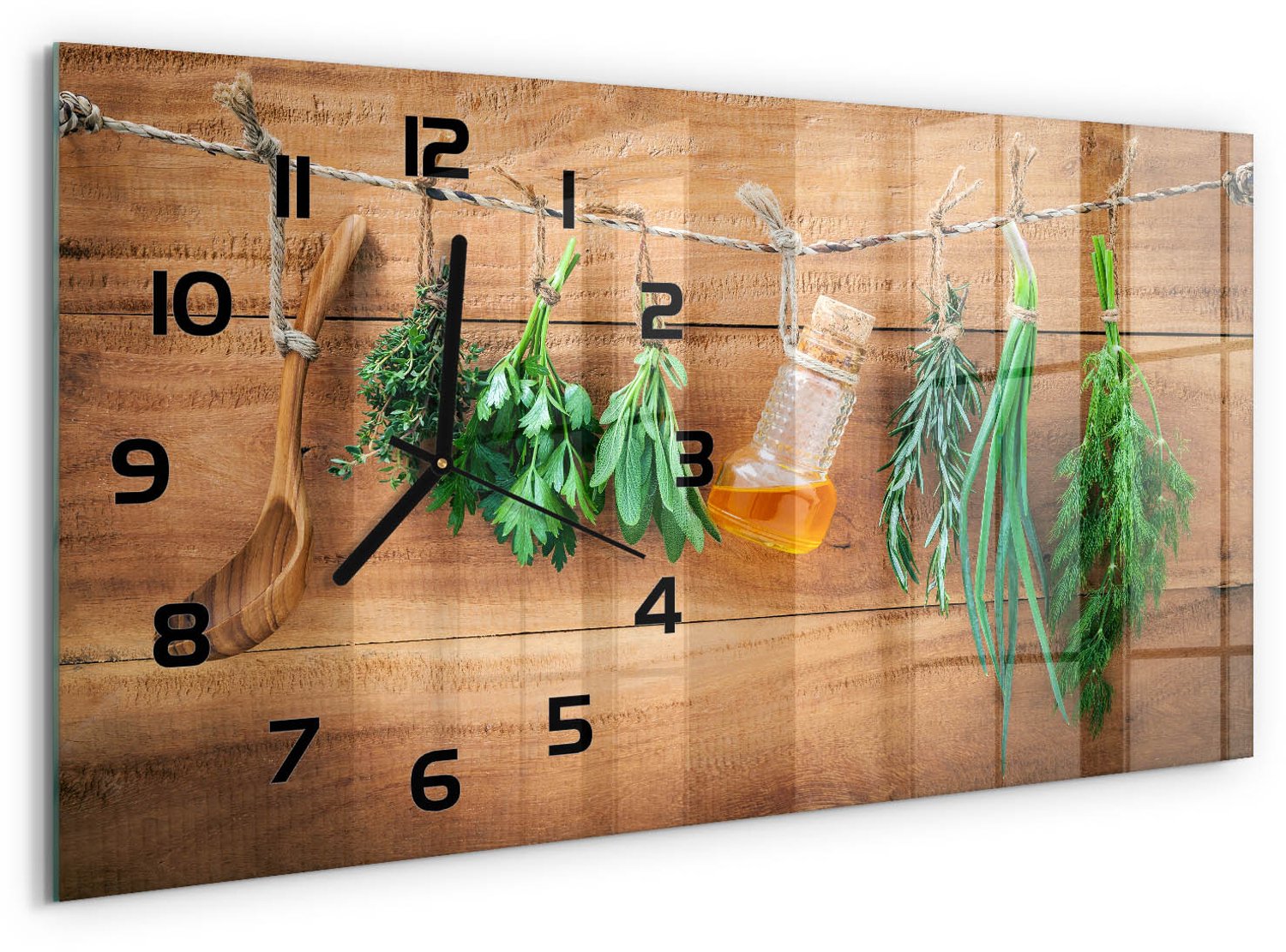 TULUP Wandklok - Kruiden aan een touwtje Decoratieve Glazen Klok - 60x30 cm - Groente Glazen Wandklok Design - Zwarte handen - Rechthoekige Klok - Glazen Klok Met Print - Wandklok Glas Met Motief