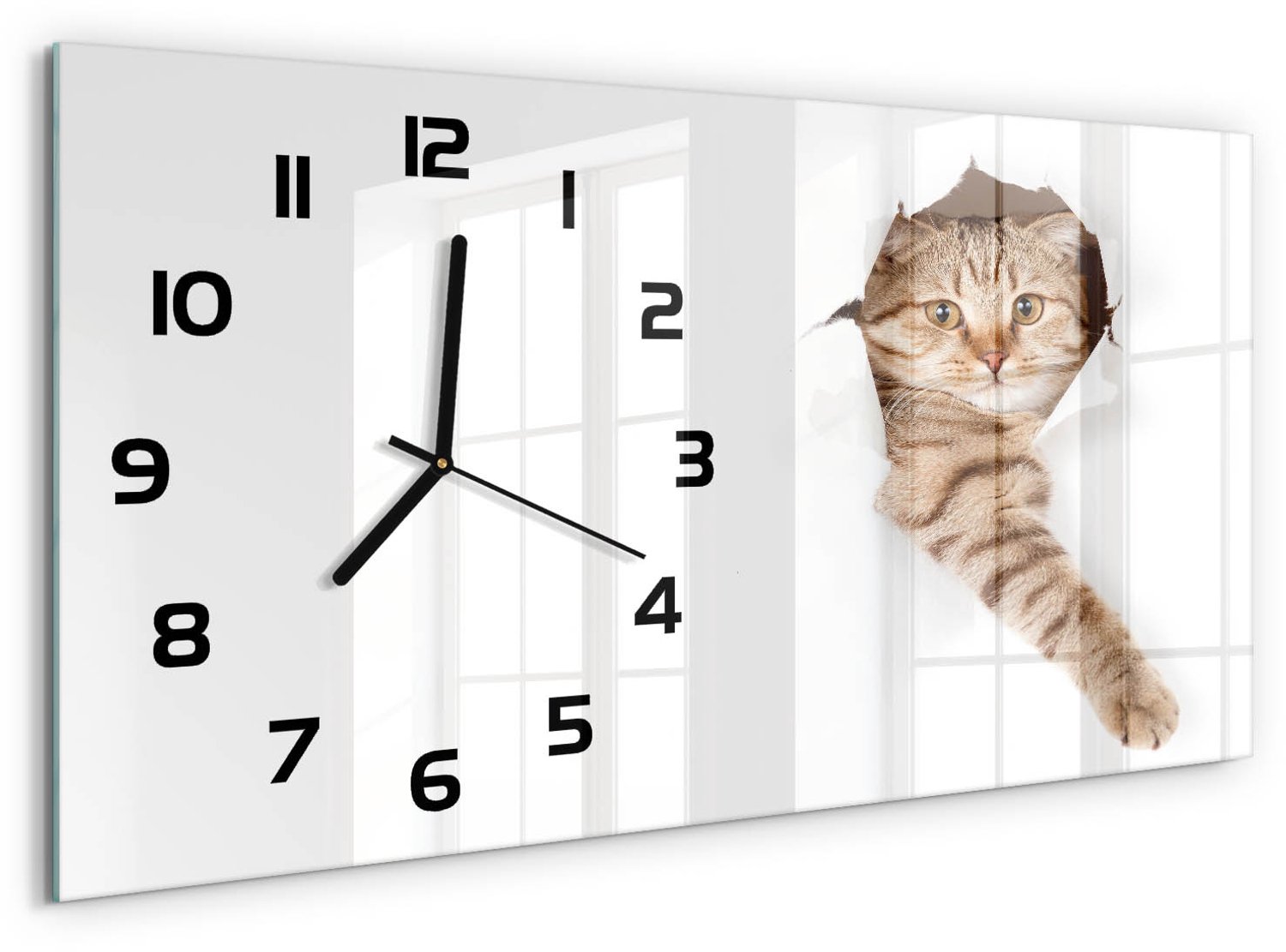TULUP Wandklok - Kat Glazen Wandklok Design - 60x30 cm - Beige Klok Glas Met Opdruk - Zwarte handen - Rechthoekige Klok - Wandklok Glas Met Motief - Decoratieve Glazen Klok