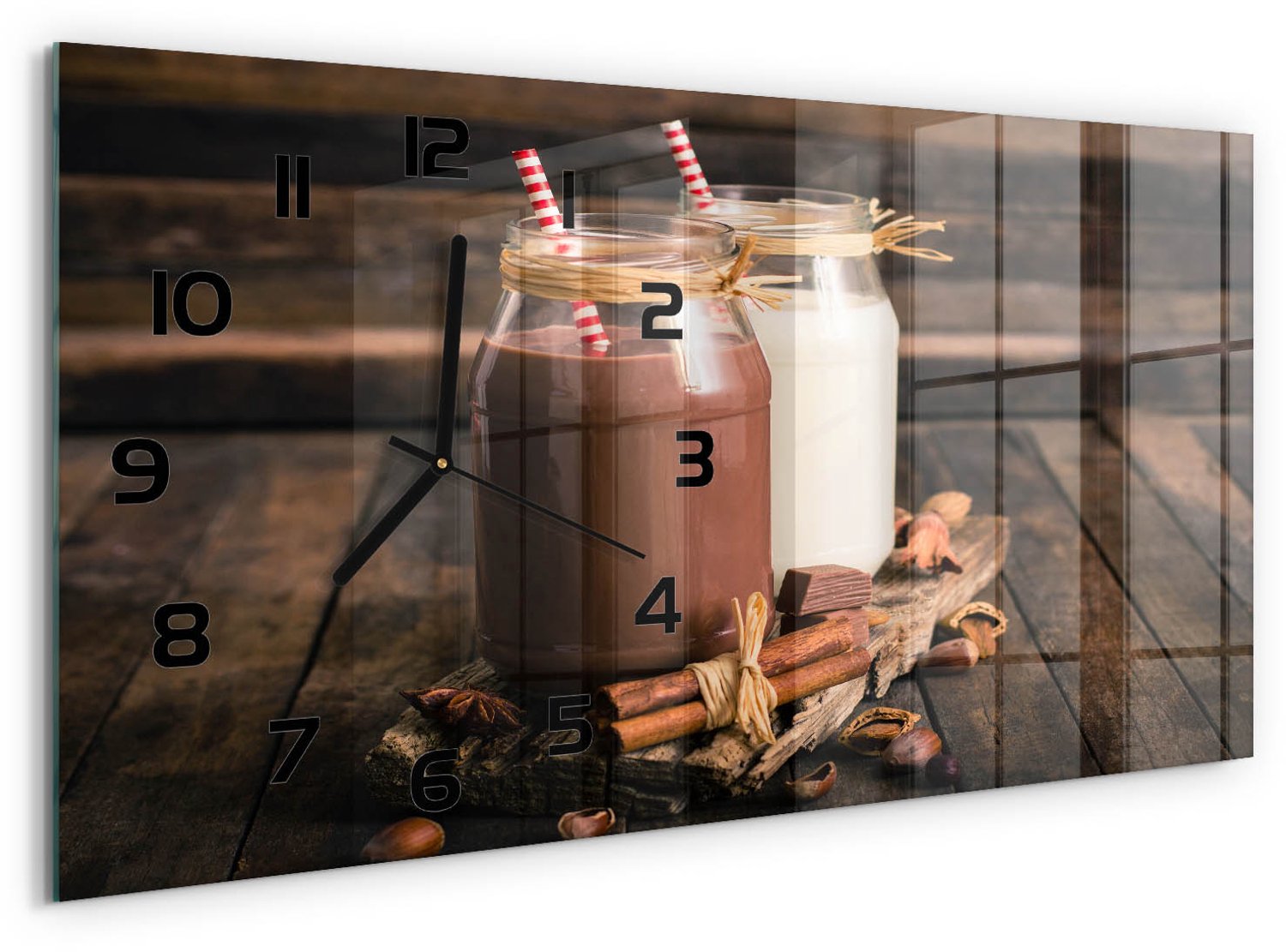 TULUP Wandklok - Cocktails in glazen Klok Glas Met Opdruk - 60x30 cm - Bruin Moderne Wandklok Glas - Zwarte handen - Rechthoekige Klok - Decoratieve Glazen Klok - Glazen Wandklok Design