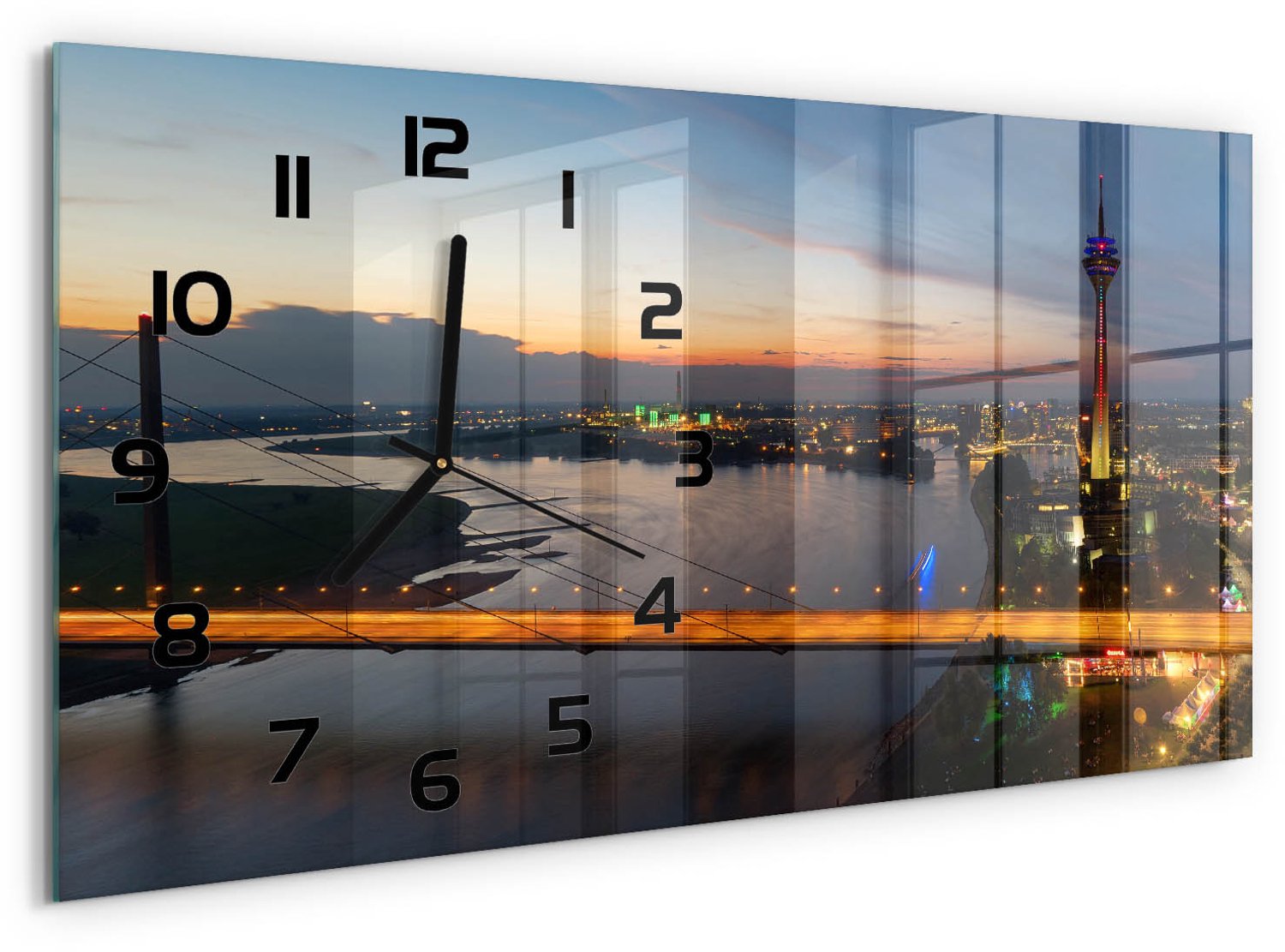TULUP Wandklok - Düsseldorf, Duitsland Glazen Wandklok Design - 60x30 cm - Geel Klok Glas Met Opdruk - Zwarte handen - Rechthoekige Klok - Wandklok Glas Met Motief - Decoratieve Glazen Klok