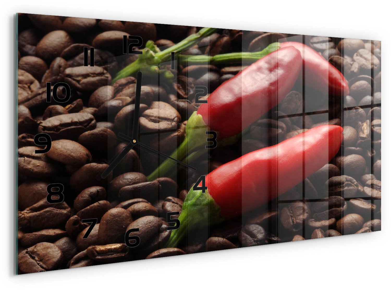 TULUP Wandklok - Chilipepers en koffie Moderne Wandklok Glas - 60x30 cm - Rood Wandklok Glas Decoratie - Zwarte handen - Rechthoekige Klok - Glazen Wandklok Design - Klok Glas Met Opdruk