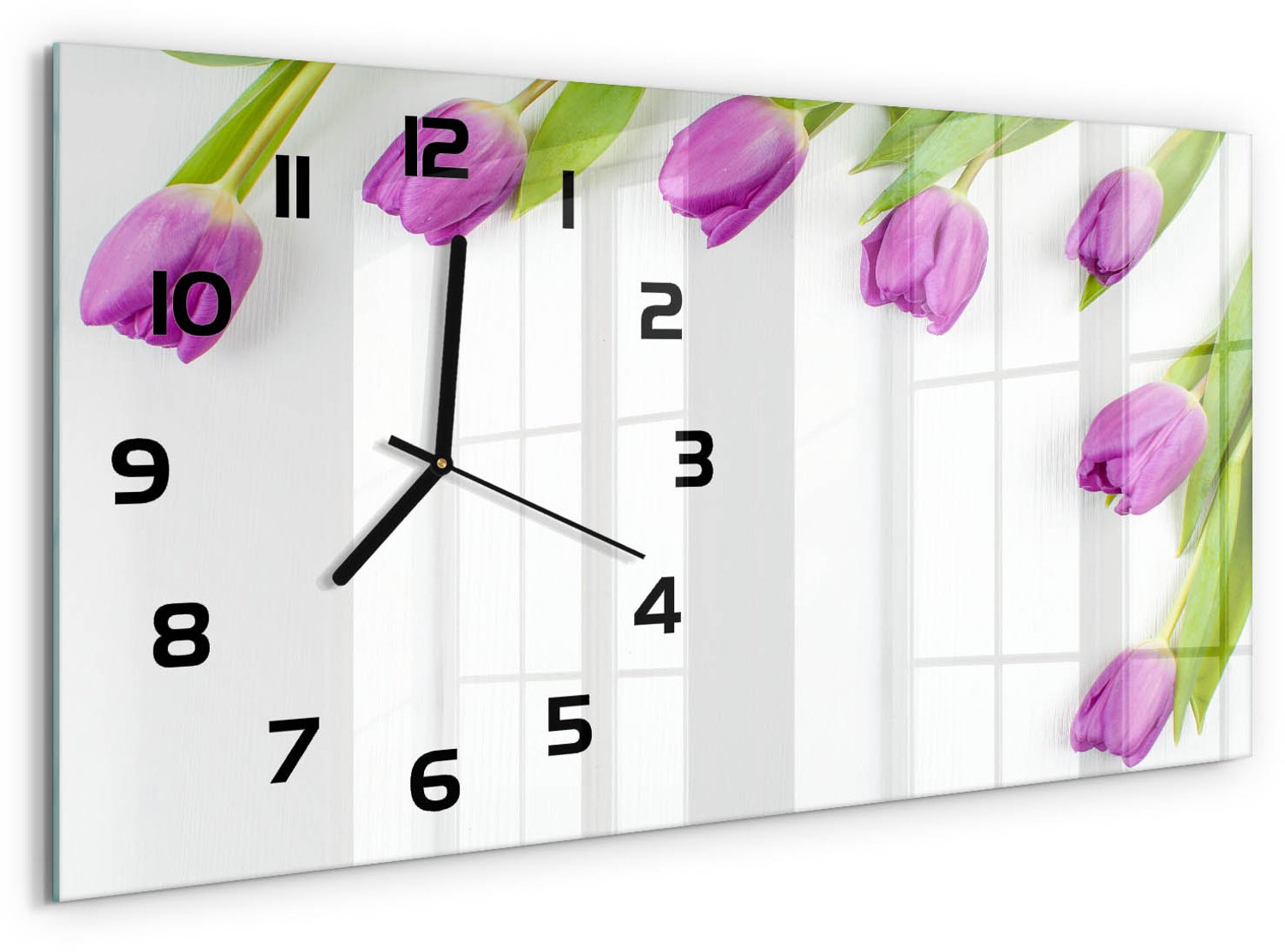 TULUP Wandklok - Paarse tulpen Moderne Wandklok Glas - 60x30 cm - Paars Wandklok Glas Decoratie - Zwarte handen - Rechthoekige Klok - Glazen Wandklok Design - Klok Glas Met Opdruk
