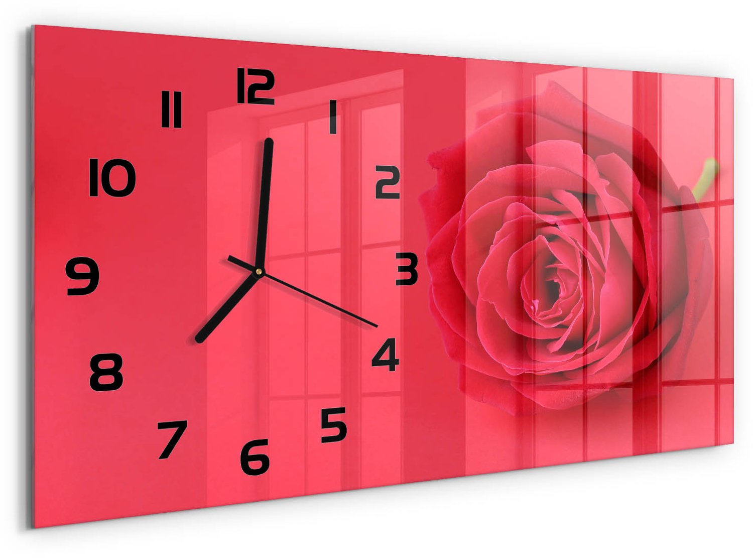 TULUP Wandklok - Rode Roos Glazen Wandklok Design - 60x30 cm - Rood Klok Glas Met Opdruk - Zwarte handen - Rechthoekige Klok - Wandklok Glas Met Motief - Decoratieve Glazen Klok