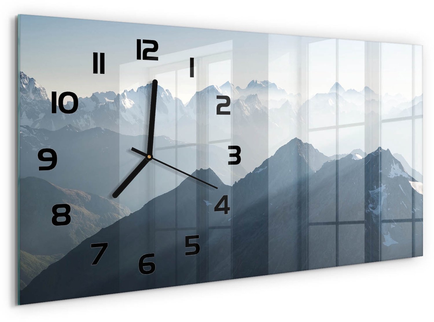TULUP Wandklok - bergtop Wandklok Glas Met Motief - 60x30 cm - Grijs Decoratieve Glazen Klok - Zwarte handen - Rechthoekige Klok - Gekleurde Glazen Klok - Glazen Klok Met Print