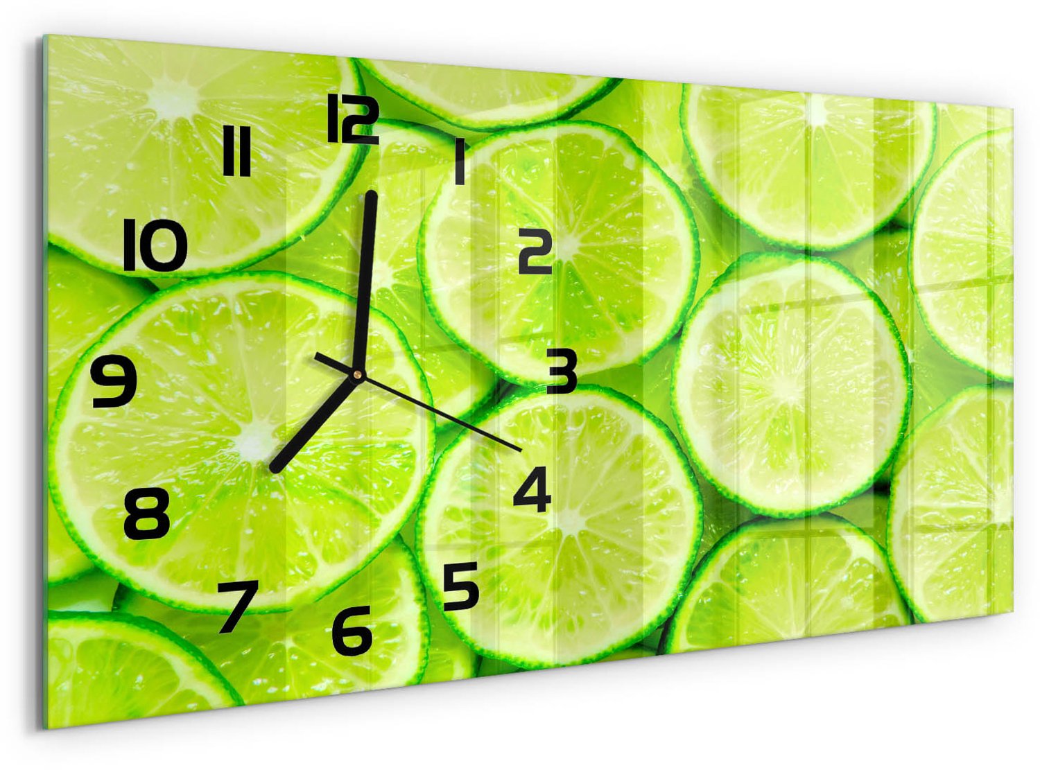 TULUP Wandklok - Limoenen Wandklok Glas Decoratie - 60x30 cm - Groente Gekleurde Glazen Klok - Zwarte handen - Rechthoekige Klok - Klok Glas Met Opdruk - Moderne Wandklok Glas
