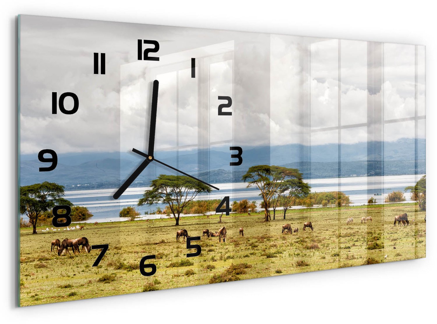 TULUP Wandklok - Naivasha-meer Glazen Wandklok Design - 60x30 cm - Groente Klok Glas Met Opdruk - Zwarte handen - Rechthoekige Klok - Wandklok Glas Met Motief - Decoratieve Glazen Klok