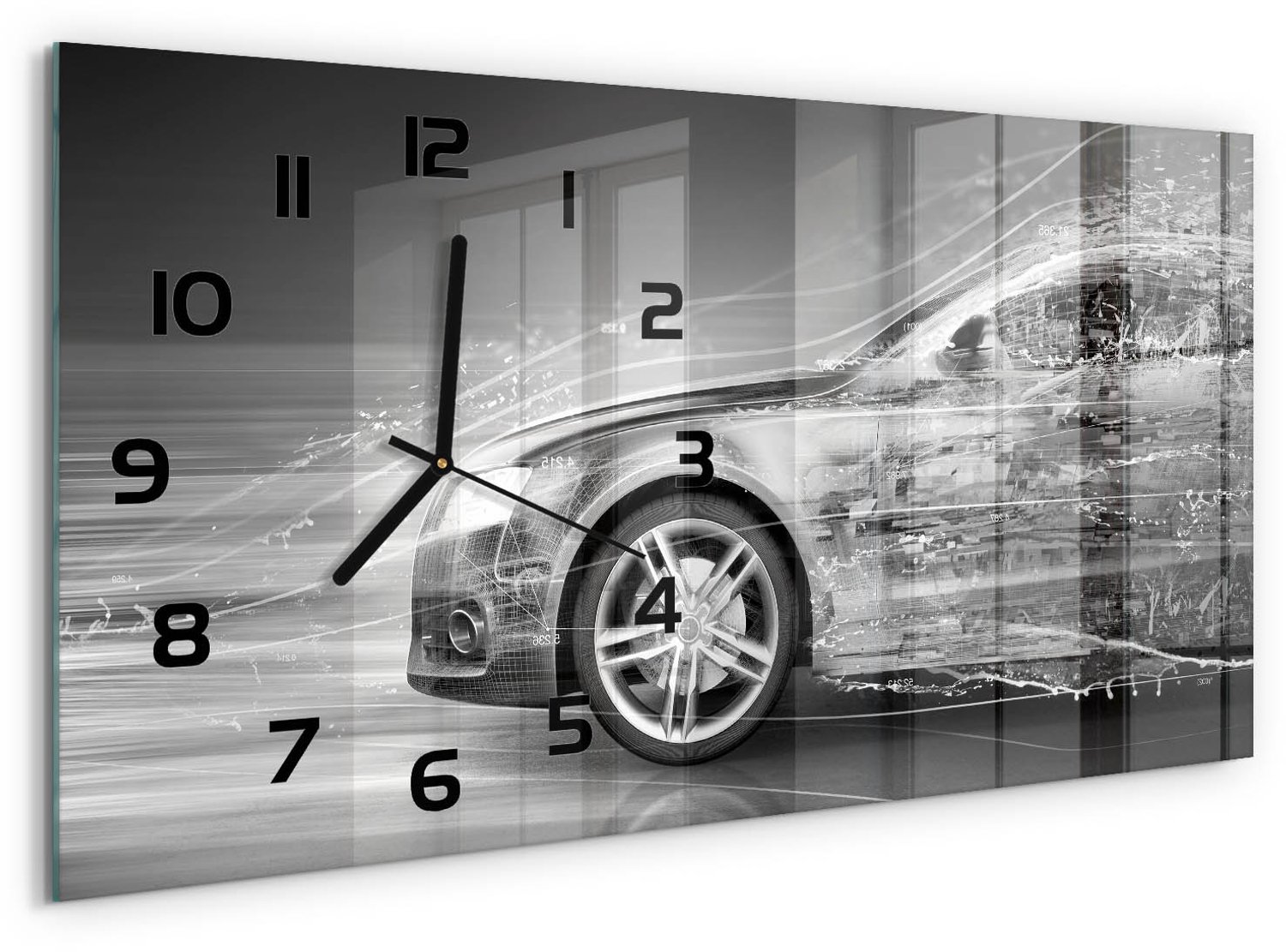 TULUP Wandklok - Versnellende auto Wandklok Glas Met Motief - 60x30 cm - Grijs Decoratieve Glazen Klok - Zwarte handen - Rechthoekige Klok - Gekleurde Glazen Klok - Glazen Klok Met Print