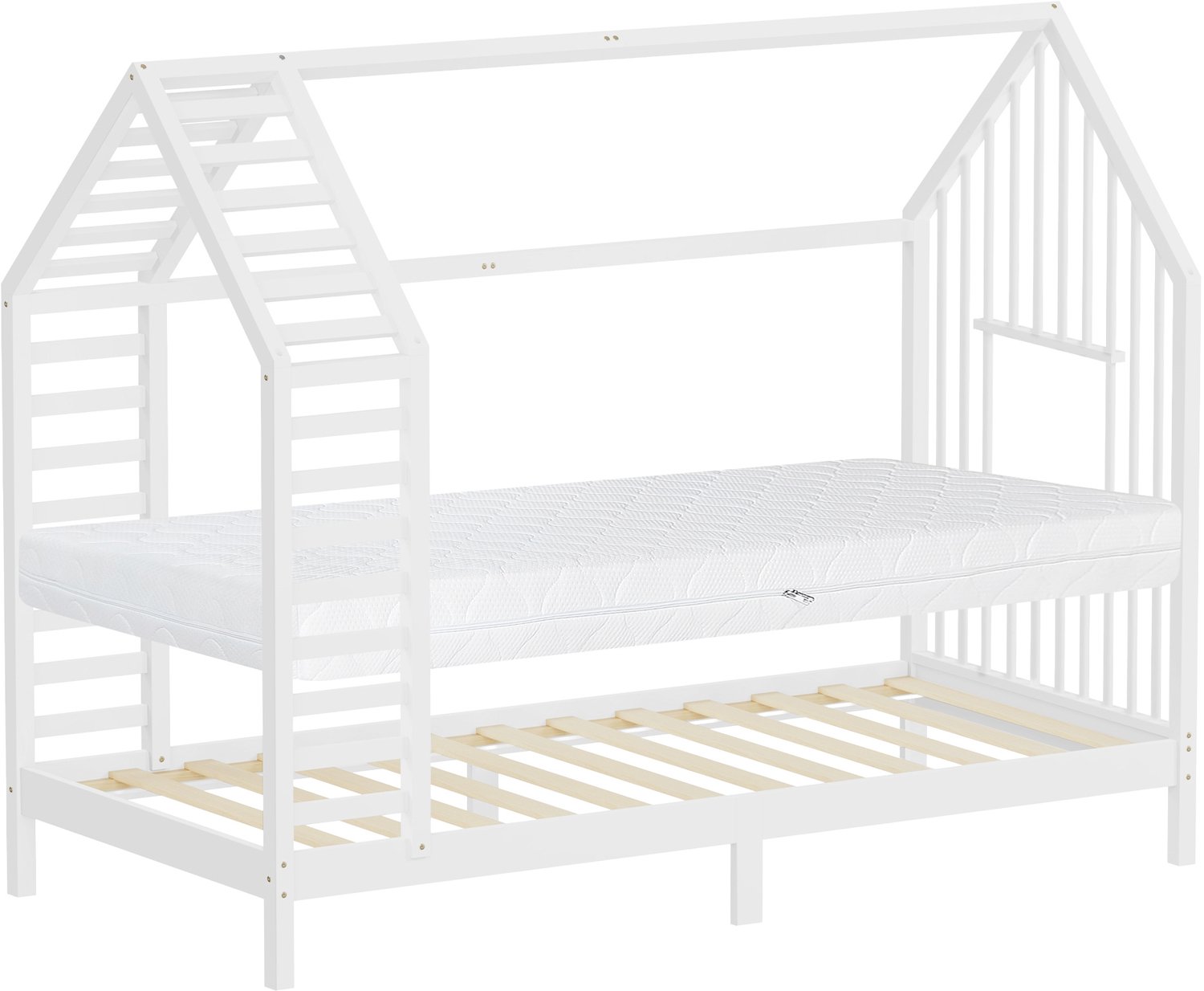 ml-design Kinderbed 90 x 200 cm met matras , huisbed met dak en raam, robuust bedframe van massief grenenhout, montessoribed voor meisjes en jongens belastbaar tot 100 kg, houten peuterbed met een eenvoudige montage voor de slaapkamer, wit