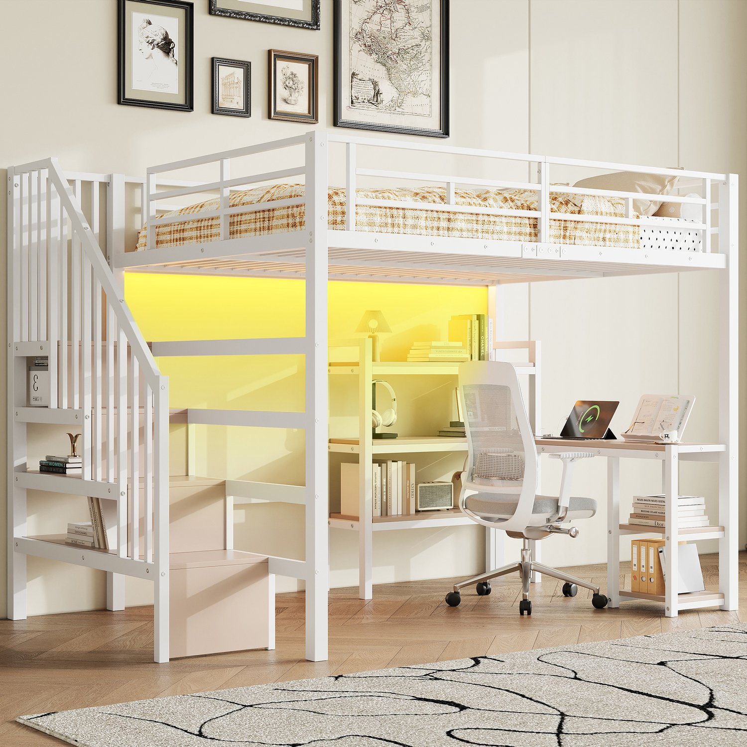 WUVRIE Hoogslaper 140x200 cm - Met trap, bureau, opbergruimte en LED-verlichting - Wit