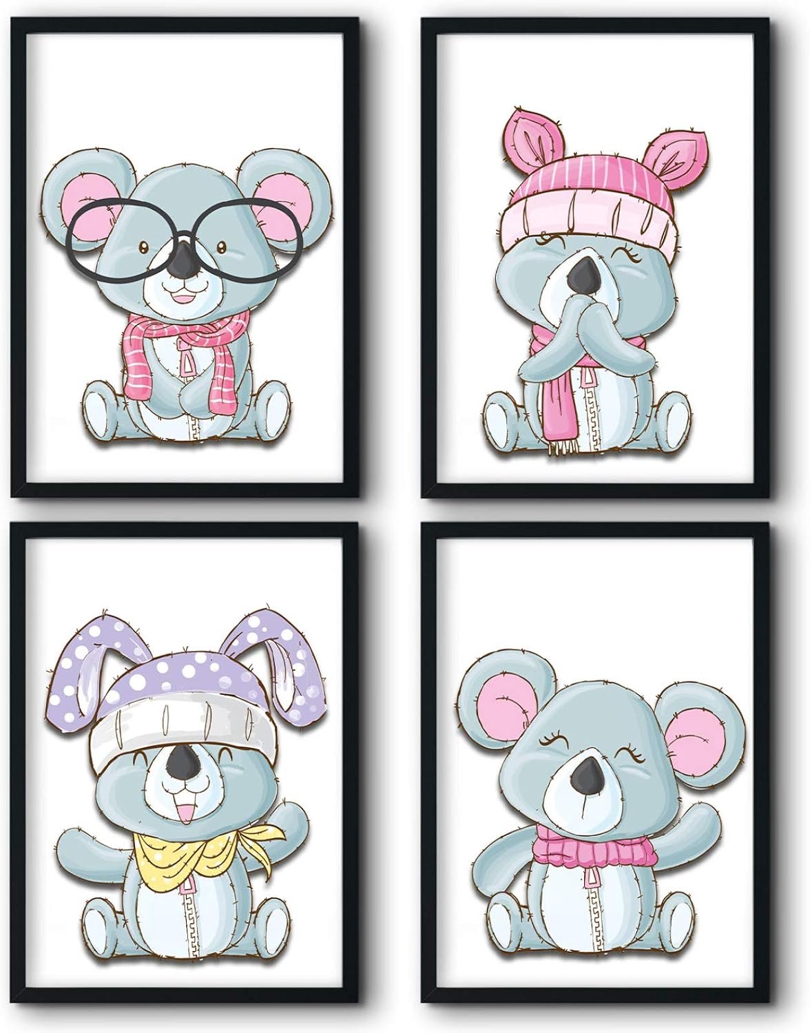 Posterset voor de kinderkamer 4 x DIN A3 - houten lijst - beren afbeeldingen - ideale decoratie voor baby's - Thijox