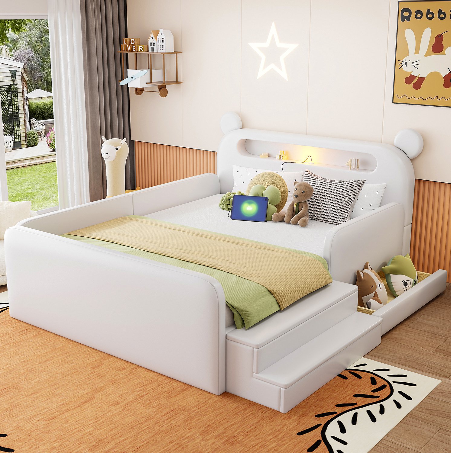 Wishdor Kinderbed 140x200 cm - Berenhoofdbord met nachtlampje en USB-aansluiting - Bedlades en opbergruimte - Verhoogde zijpanelen - Zitgedeelte - Kunstleer - Wit