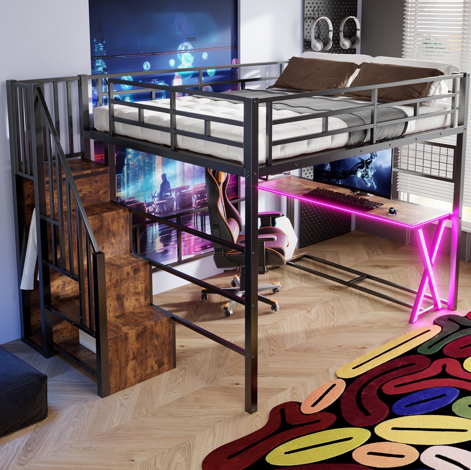 OKWISH Hoogslaper 160 x 200 cm - Met Bureau en Sfeerverlichting - Opbergtrap, Kledingkast en Planken - Metaal en MDF - Zonder Matras - Zwart